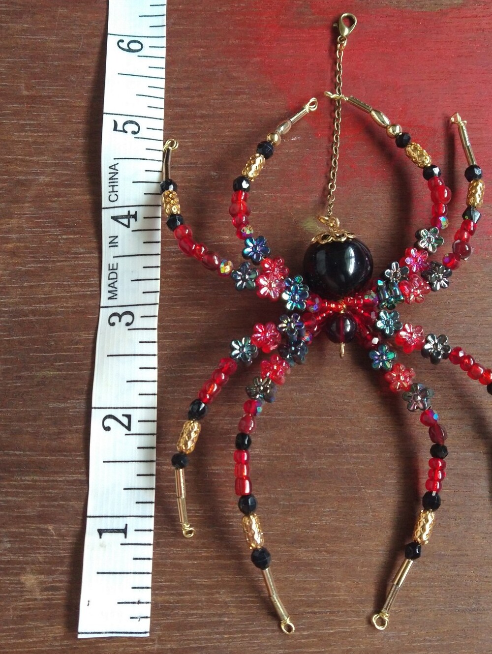 Hand Crafted • Red & Black Floral Beaded Spider Pendant - Picture 6 of 16